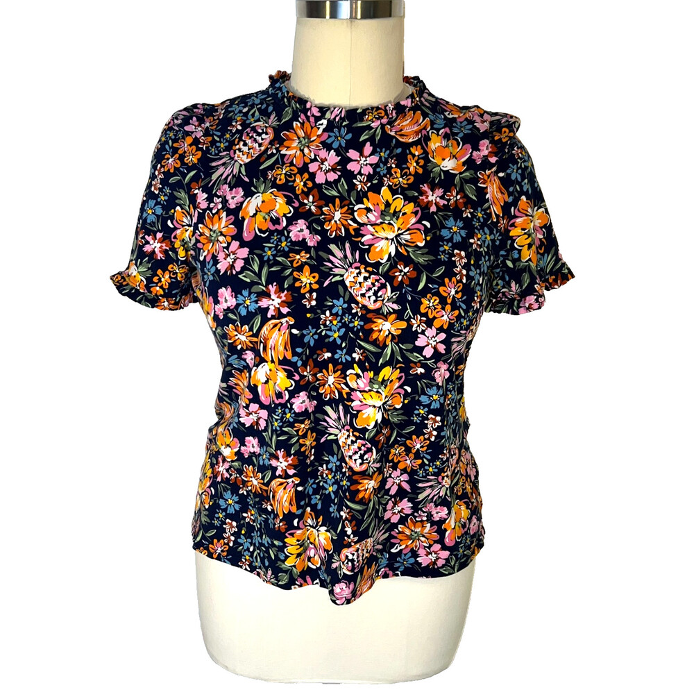 Crown & Ivy Blouse Womens XXL Knit Short Sleeve Tropical Fruit Floral